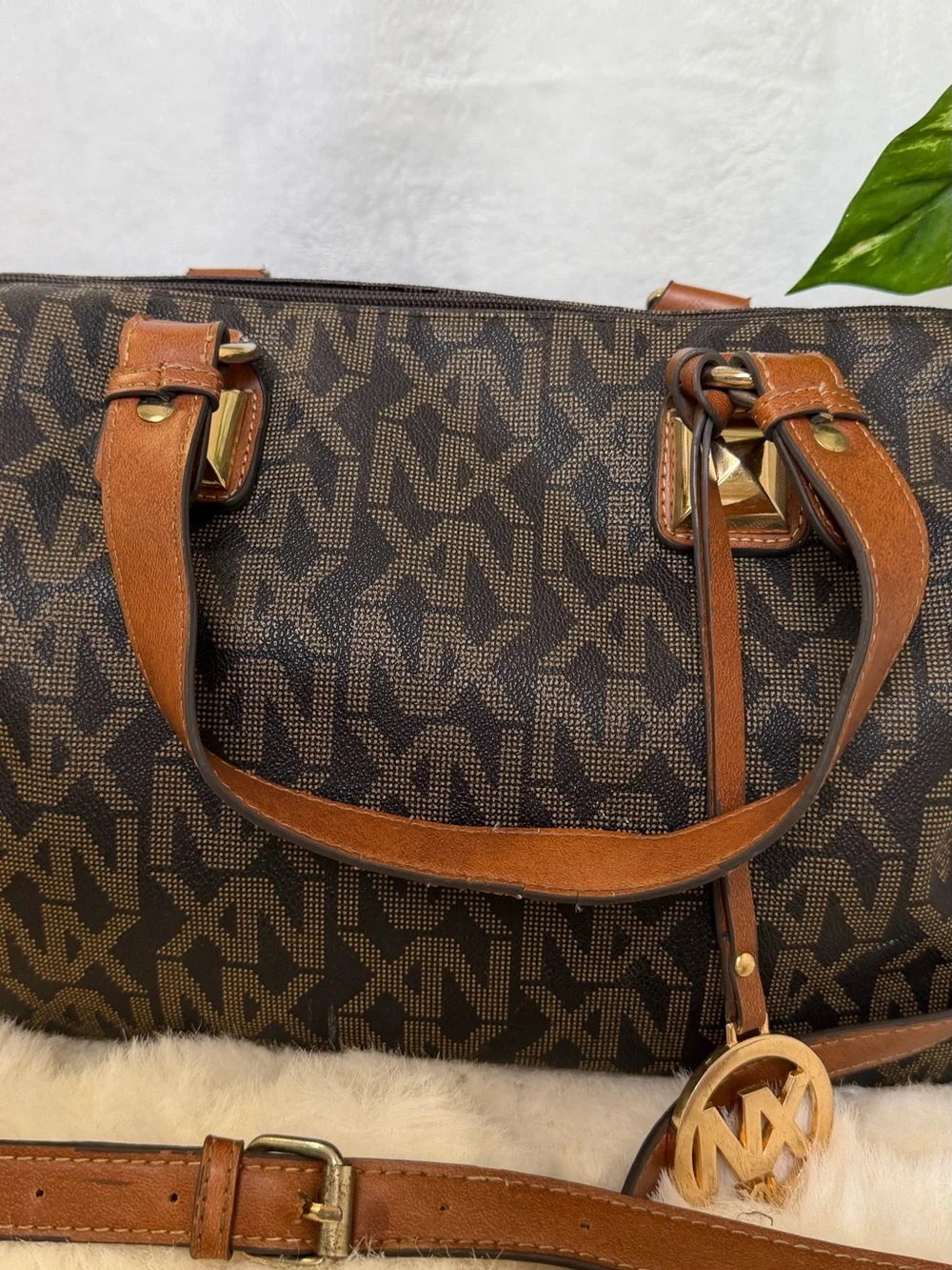 NX Noble Exchange Brown Monogram Large Satchel Shoulder Crossbody Bag